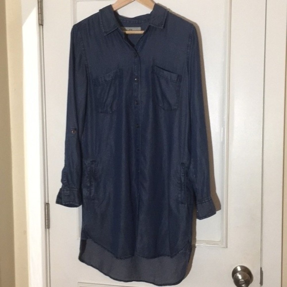 Thread + Supply Blue Chambray Shirt Dress High Low Long Sleeve Pockets